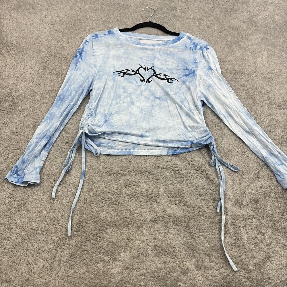 Zemeta Y2K Ruched Crop Top Womens M Blue Tie Dye Heart Tattoo‎ Graphic Festival